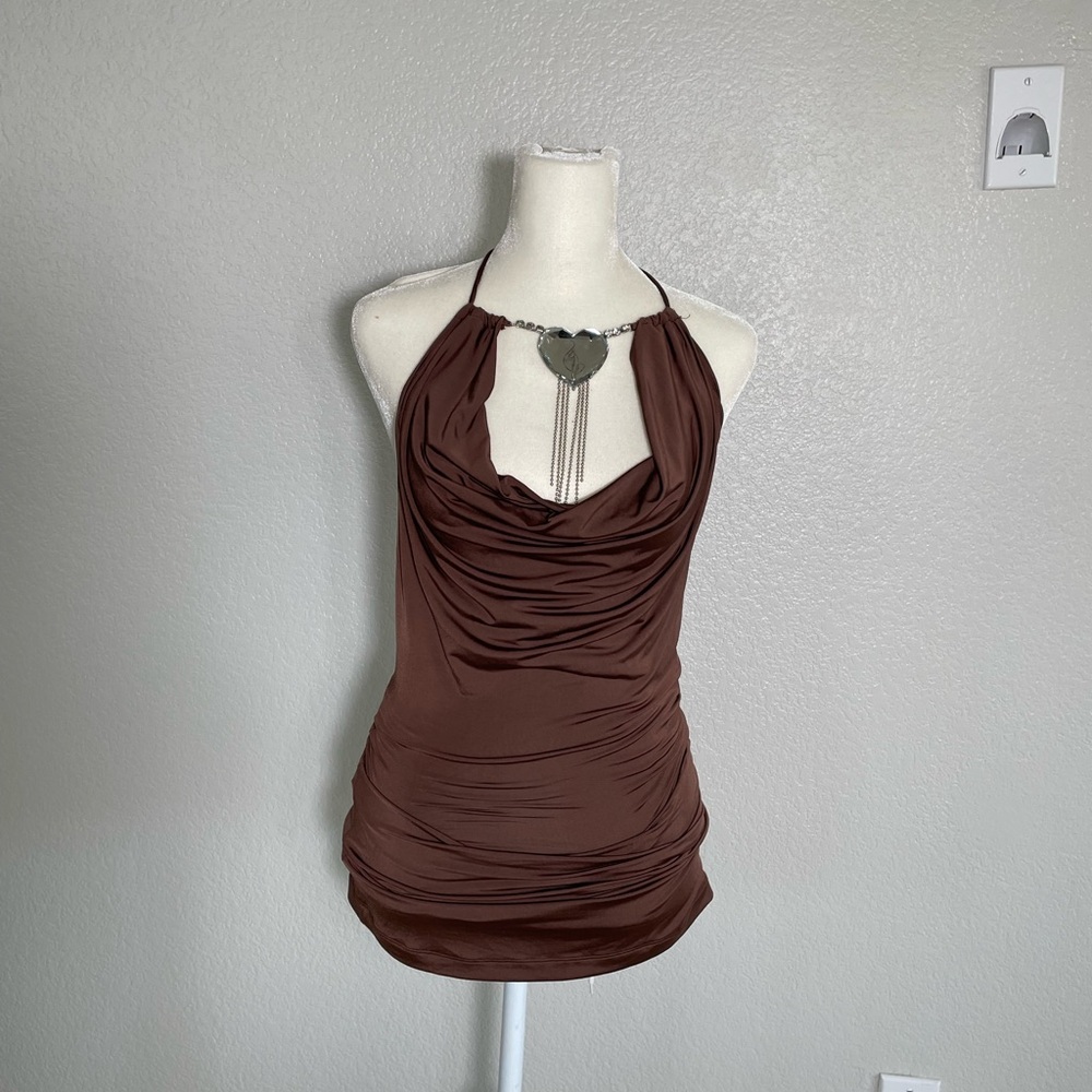 NWT Y2K Rare Baby Phat Brown Short Open Back Dress. Chunky Neck Jewelry Size M
